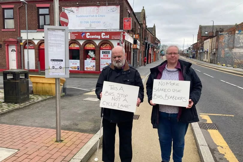 Sarah Gayton and Kevin Greenan campaigning against the new Castleton cycle lanes blocking the bus stops