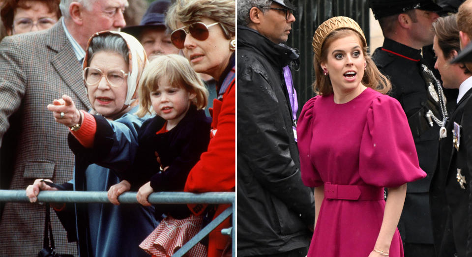 L: The late Queen with Princess Beatrice at Royal Windsor Horse Show in 1991. R: Beatrice at the King's coronation in May 2023. (Getty Images)