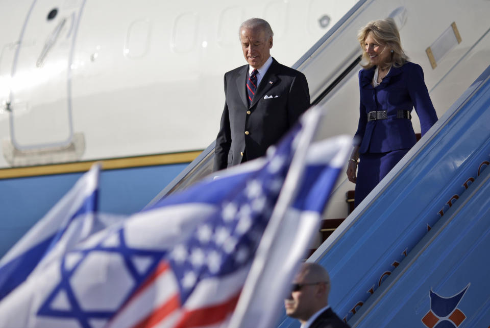 FILe - In this March 8, 2010, file photo, then-U.S Vice President Joe Biden and his wife Jill Biden arrive in Ben Gurion air port near Tel Aviv, Israel. (AP Photo/Ariel Schalit, File)