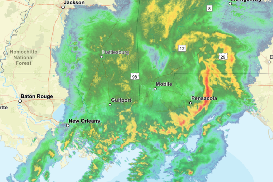 National Weather Service radar showed the strongest line of storms moving past Pensacola around 2:30 p.m.