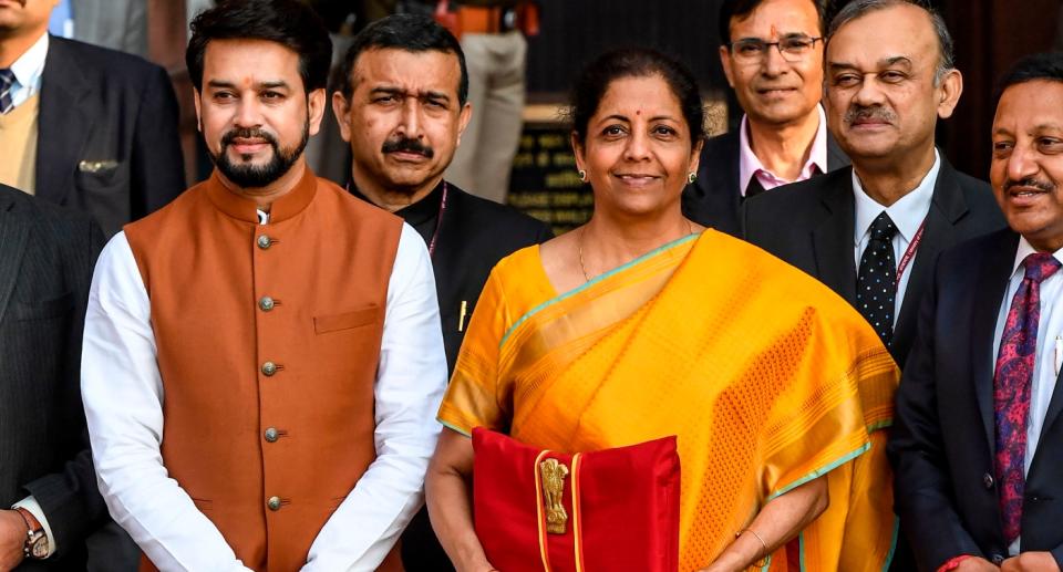 Finance Minister Nirmala Sitharaman looks on as she leaves the Finance Ministry for the Parliament to announce the 2020-21 Union Budget, in New Delhi on February 1, 2020. Photo: PRAKASH SINGH/AFP via Getty Images 