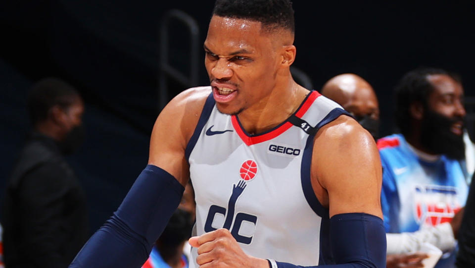 Russell Westbrook hit a three in the final five seconds to steal victory from the Brooklyn Nets. (Photo by Ned Dishman/NBAE via Getty Images)