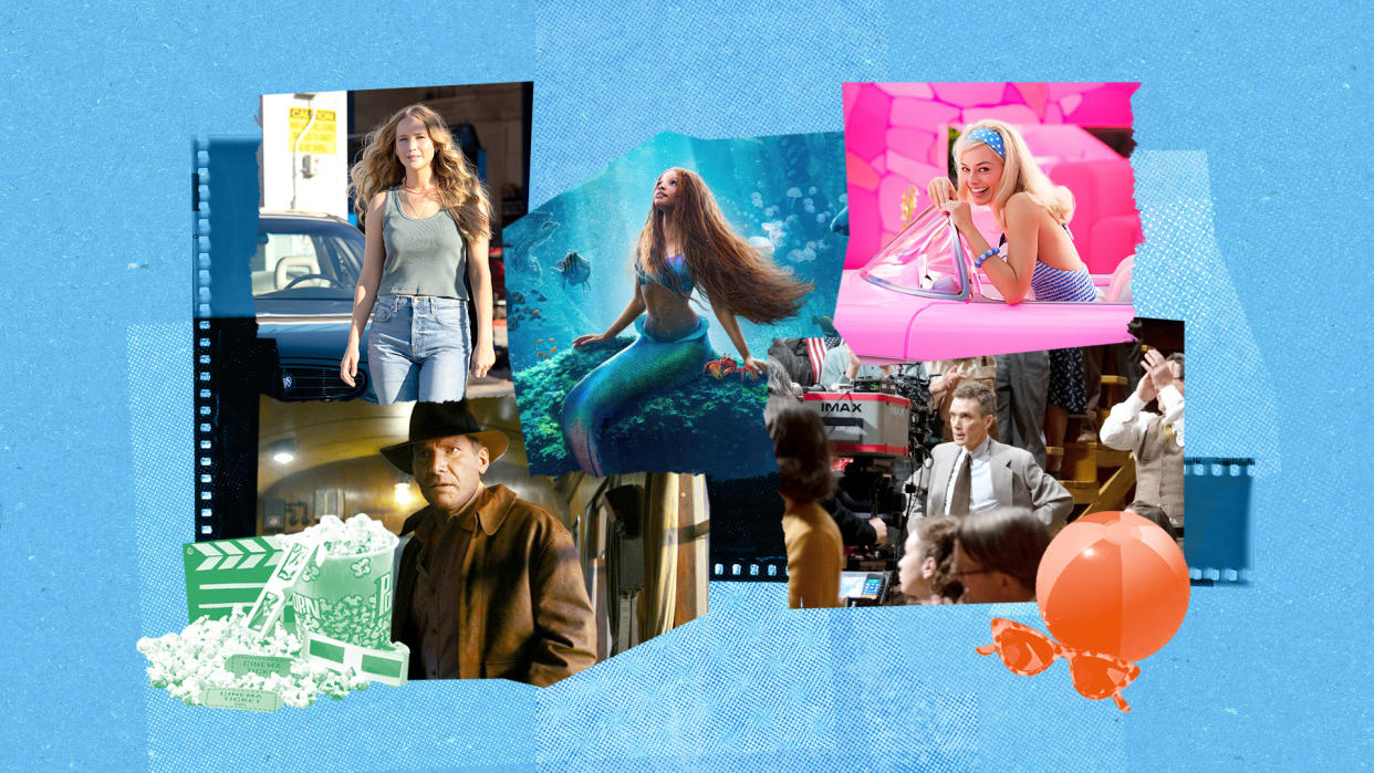 (Clockwise) Jennifer Lawrence in 'No Hard Feelings,' Halle Bailey in 'The Little Mermaid,' Margot Robbie in 'Barbie,' Harrison Ford in 'Indiana Jones and the Dial of Destiny,' Cillian Murphy in 'Oppenheimer' (Everett Collection)