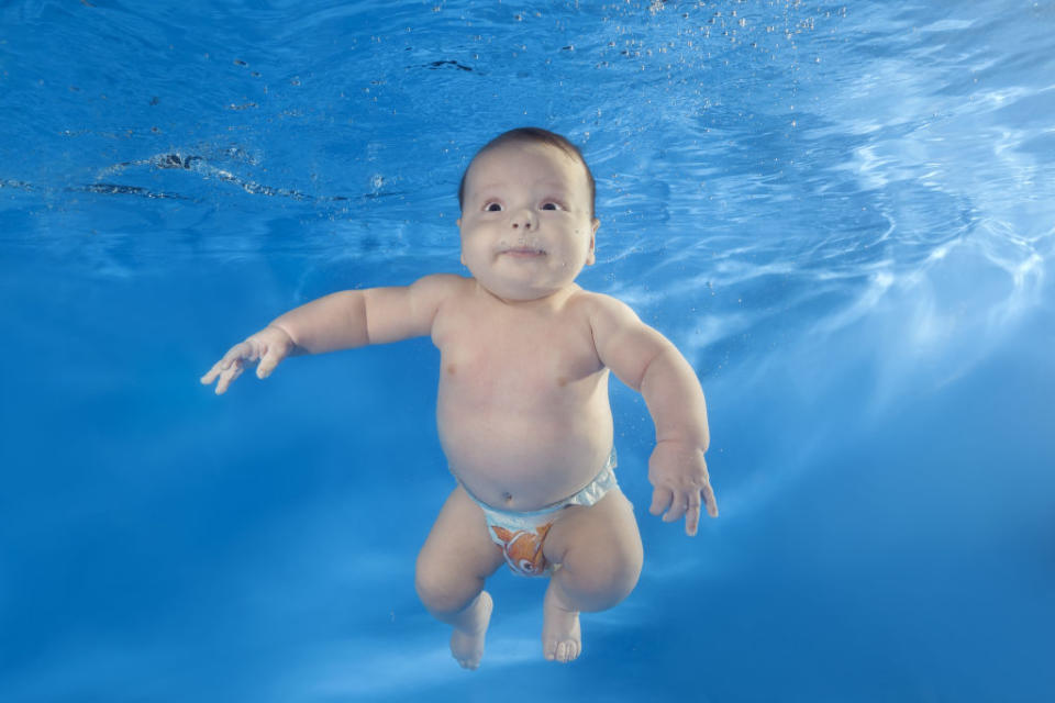 A video of a baby being dripped into his swimming pool has gone viral, picture posed by model. (Getty Images)