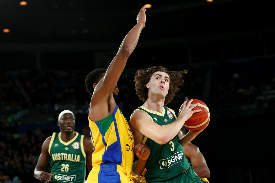 MELBOURNE, AUSTRALIA – AUGUST 16: Josh Giddey of Australia drives to the basket during the match between the Australia Boomers and Brazil at Rod Laver Arena on August 16, 2023 in Melbourne, Australia. (Photo by Graham Denholm/Getty Images)