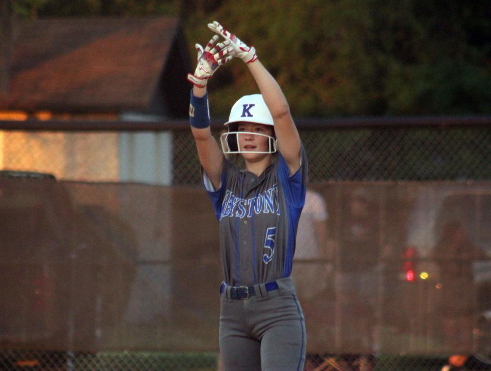 Keystone Heights' Caitlin Frampton reacts after hitting a double against Baldwin.