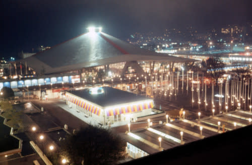 Seattle Center Coliseum at night, circa 1963