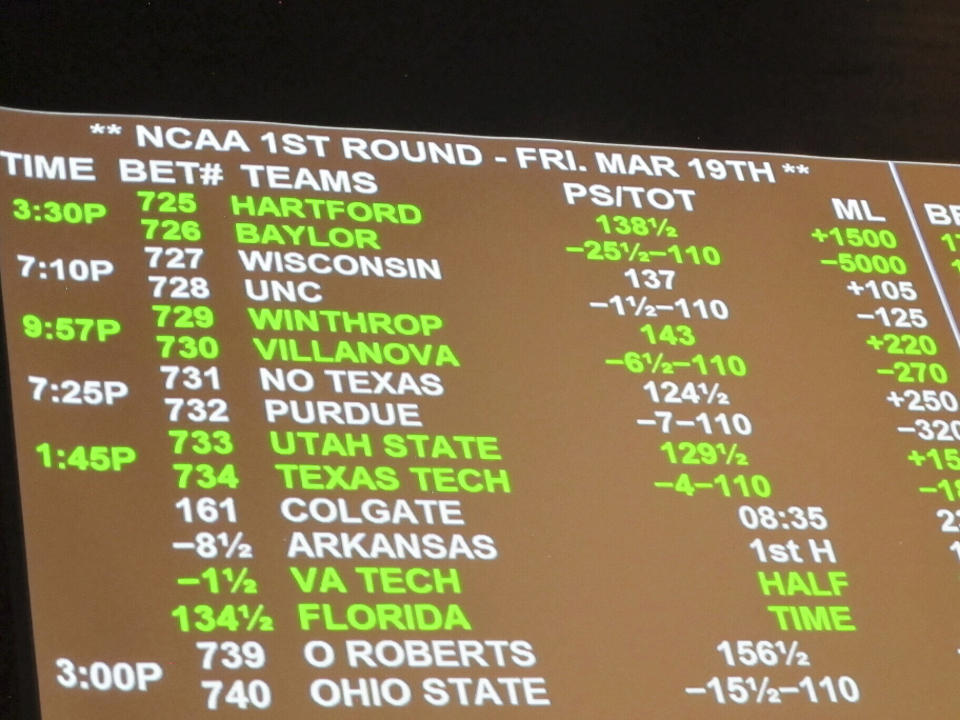 FILE - A video board inside the Borgata casino in Atlantic City N.J. displays betting odds on the March Madness college basketball tournament on March 19, 2021. On Tuesday, March 28, 2023, the American Gaming Association issued a new marketing code prohibiting sports books from partnering with colleges to promote sports wagering, banning payments to college and amateur athletes for the use of their name, image or likeness, and ending the use of terms including "free" or "risk-free" to describe promotional bets (AP Photo/Wayne Parry, File)