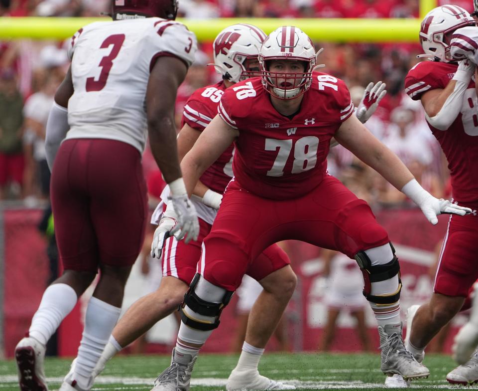Wisconsin offensive lineman Trey Wedig (78) prods pass protection during the first quarter of their game against New Mexico State Saturday, September 17, 2022 at Camp Randall Stadium in Madison, Wis.MARK HOFFMAN/MILWAUKEE JOURNAL SENTINEL