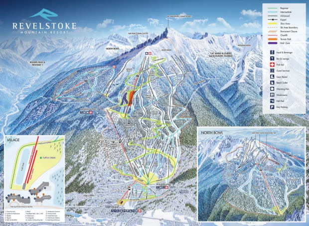 Revelstoke Trail Map. <strong>'The Last Spike'</strong> can be seen highlighted in yellow descending from the summit.