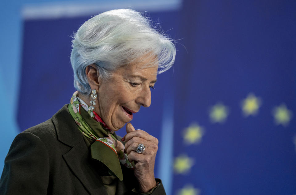 The President of European Central Bank Christine Lagarde attends a press conference following the meeting of the bank's governing council in Frankfurt, Germany, Thursday, Feb. 2, 2023. (AP Photo/Michael Probst)