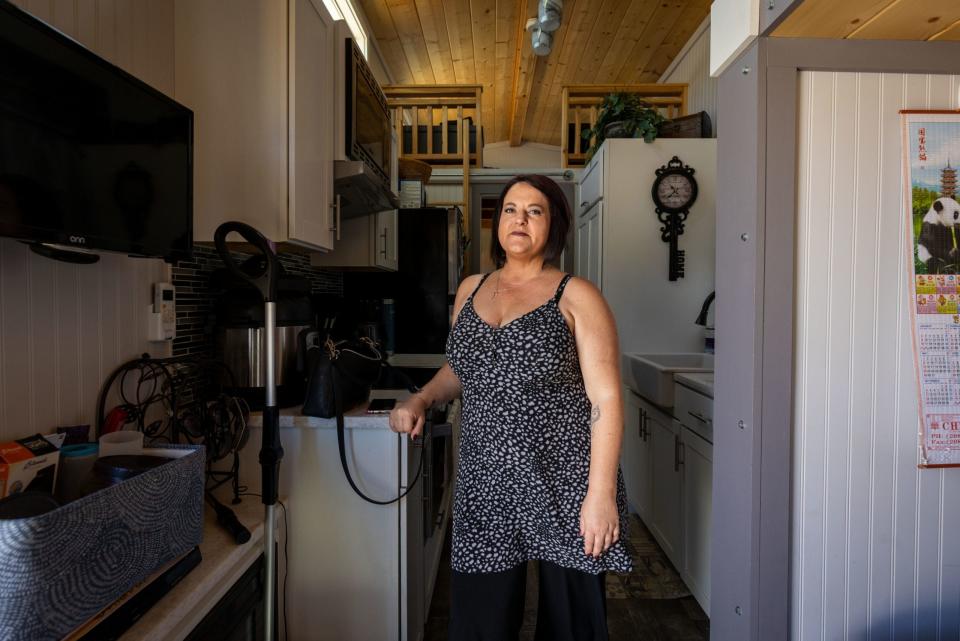 Chasidy Decker inside her tiny home on wheels.