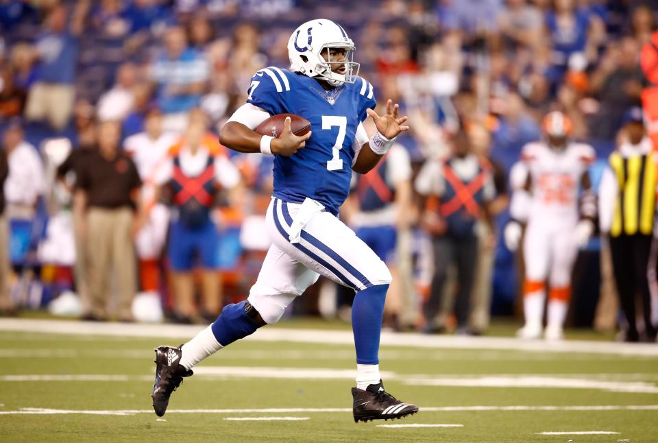 Jacoby Brisset runs with the ball during at Lucas Oil Stadium. (Photo by Andy Lyons/Getty Images)