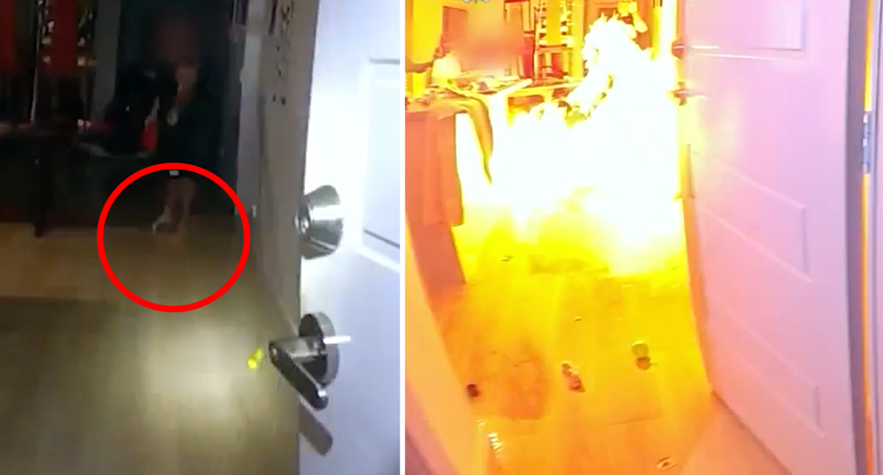 The man leaning down to set a fluid on the floor alight (left) and the flames erupting (right). 