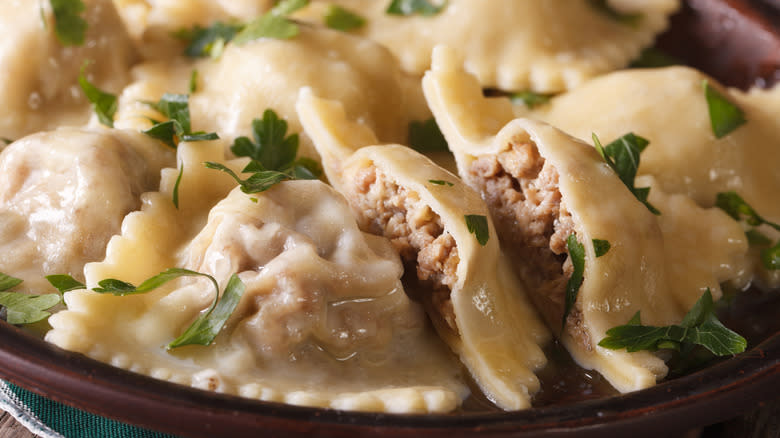 meat filled ravioli cut open 