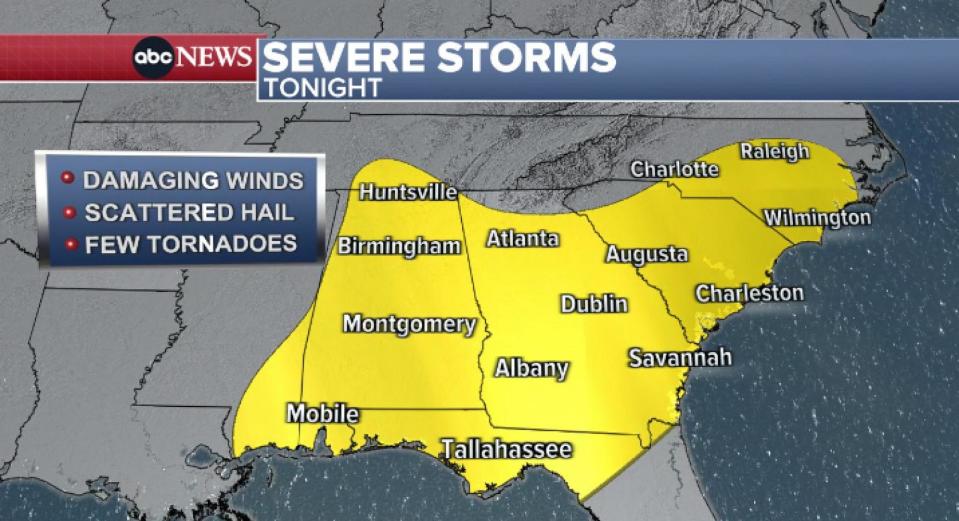 PHOTO: A severe threat still exists through tonight for the Florida panhandle, Alabama, Georgia, and the Carolinas. (ABC News)