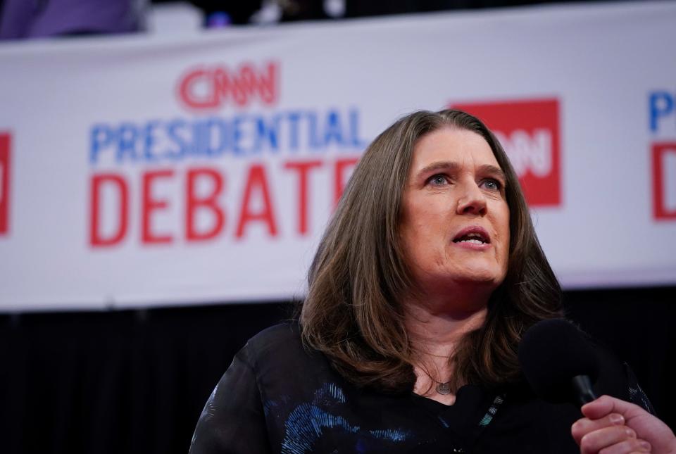 Mary Trump, the niece of former President Trump, talking to media at Georgia Tech’s McCamish Pavilion Spin Room prior to the CNN Presidential Debate between President Joe Biden and former President Donald Trump held at CNN's studios in Atlanta.