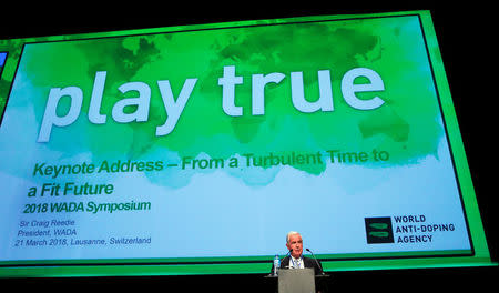 Craig Reedie, President of the World Anti Doping Agency (WADA) attends the WADA Symposium in Ecublens, near Lausanne, Switzerland, March 21, 2018. REUTERS/Denis Balibouse