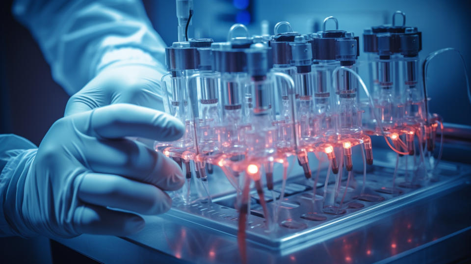 A close-up of hands working on a medical device supported by the company's specialty chemicals.