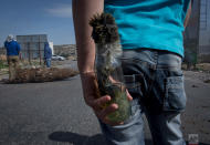 <p>A Palestinian protester carries a molotov cocktail bottle during clashes with Israeli troops at the northern entrance of the West Bank city of Ramallah. (AP Photo/Nasser Nasser) </p>