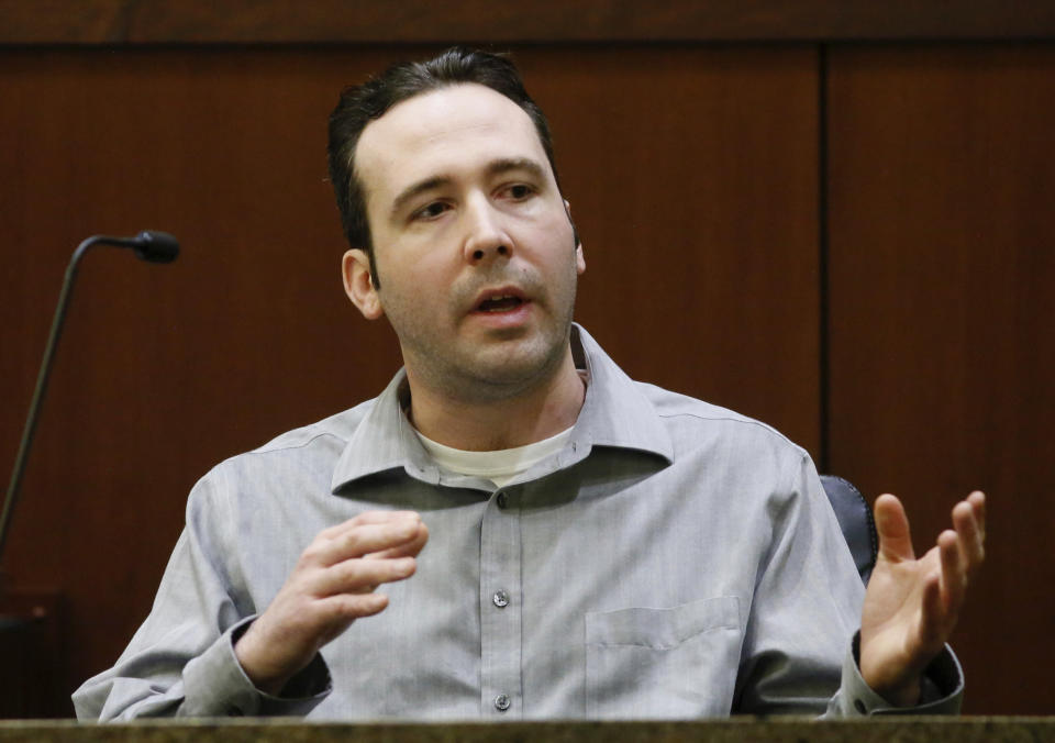 William Hoehn testifies Thursday, Sept. 27, 2018, in District Court, in Fargo, N.D.,, during his trial for conspiracy to commit murder of Savanna LaFontaine-Greywind, a 22-year-old who's baby was cut from her womb. (Michael Vosburg /The Forum via AP, Pool)