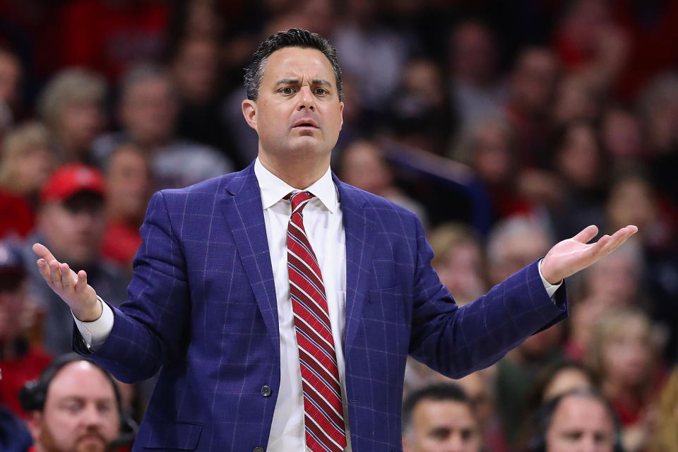 Sean Miller of the Arizona Wildcats reacts during the second half of a college basketball game during the 2018-19 season. (Getty)
