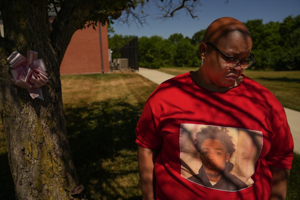 Terry Allen, 53, poses for a portrait on Monday, June 27, 2022  in Indianapolis. Allen wears a t-shirt in remembrance of her Grandson Jamal Houston, 19, who was murdered this past April on. This has made Allen even more worried about the new Indiana gun law, which she believes will effect her community in Indianapolis. 