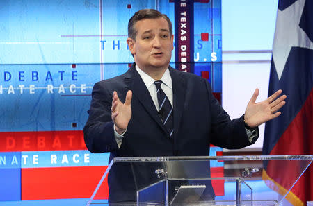 U.S. Senator Ted Cruz speaks during a debate with U.S. Rep. Beto O'Rourke (not shown), at the KENS-5 TV studios in San Antonio, Texas, U.S., October 16, 2018. Tom Reel/San Antonio Express-News/Pool via REUTERS