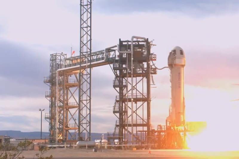 The 24th mission of Blue Origin's New Shepard suborbital rocket lifts off from Launch Site One in West Texas on Tuesday. Screenshot via Blue Origin