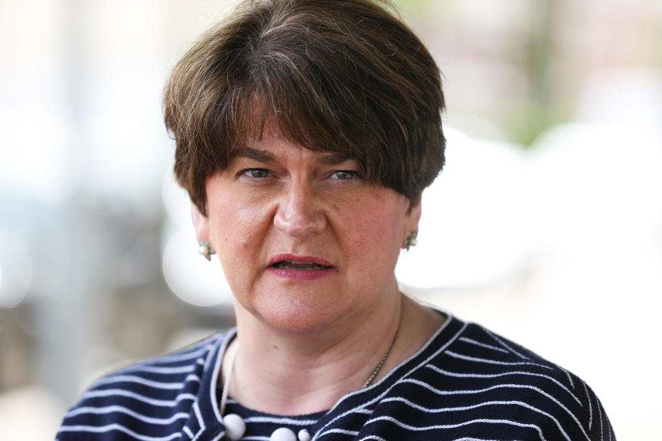 First Minister Arlene Foster at the Strand Centre Cinema in east Belfast to mark the reopening of indoor arts venues, after the latest easing of the Covid-19 rules in Northern Ireland .