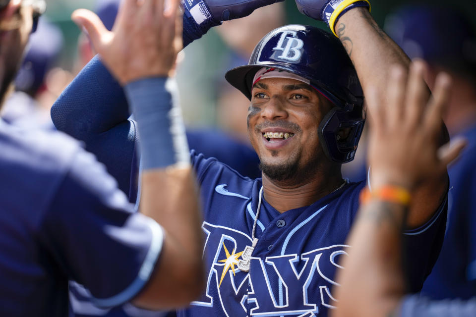 Tampa Bay Rays' Wander Franco celebrates his two-run homer during the third inning of a baseball game against the Washington Nationals at Nationals Park, Wednesday, April 5, 2023, in Washington. (AP Photo/Alex Brandon)
