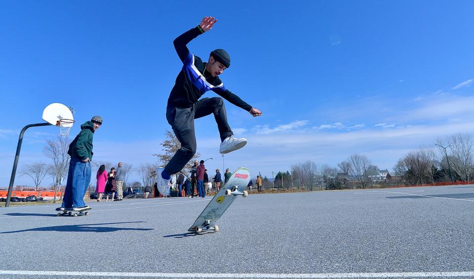 Skateboarders Gavin Tuttle, left, and Jadiel Santiago, both of Hagerstown, practice some tricks after attending the groundbraking ceremony for Hagerstown's new skatepark last month at Fairgrounds Park. Hagerstown Police say they've been having trouble with juveniles at the park, but that they aren't the kids skating, but another group.