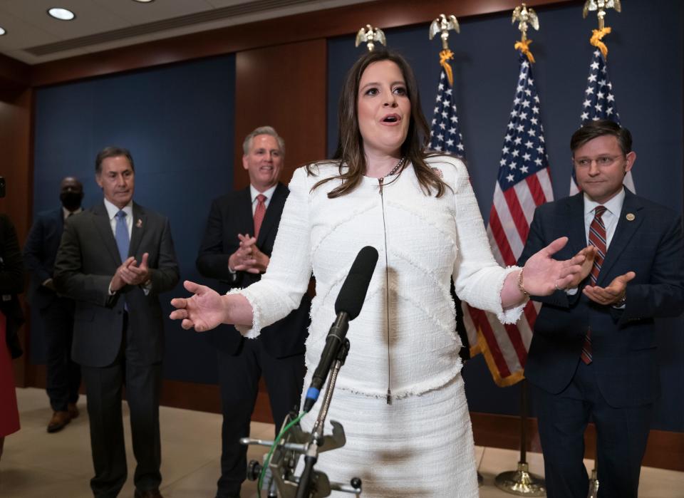 Rep. Elise Stefanik, R-N.Y., speaks to reporters at the Capitol in Washington, Friday, May 14, 2021, just after she was elected chair of the House Republican Conference, replacing Rep. Liz Cheney, R-Wyo., who was ousted from the GOP leadership for criticizing former President Donald Trump.