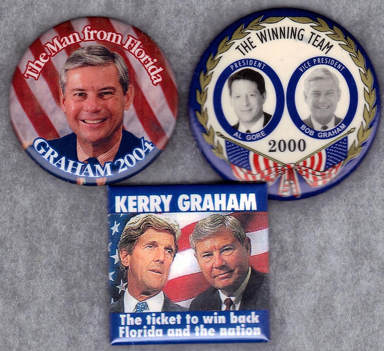 Ed Kellerman, who runs the National Museum of Political Memorabilia, shared these photos with the former Gov. Bob Graham and his wife, Adele, as well as some campaign pins, posters and stickers through the years.