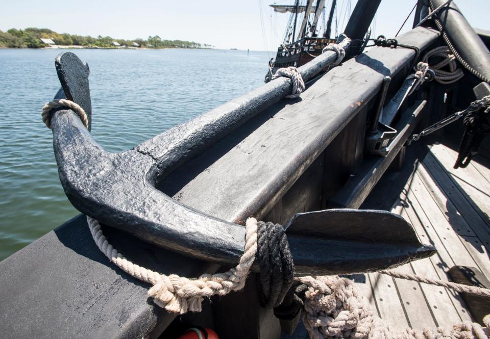 An anchor on board a replica of Christopher Columbus' ship the Pinta docked at the Perdido Key Oyster Bar Restaurant and Marina on Friday, April 26, 2019.