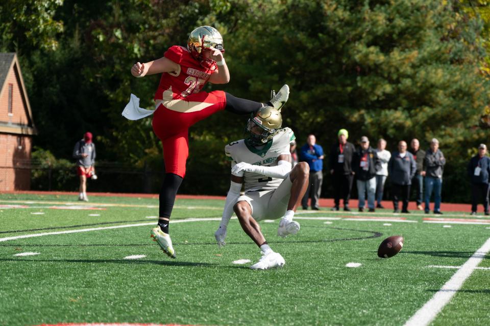 Jahmir Joseph (3) of St. Joseph blocks a punt by Brandon Arpacilar (25) of Bergen Catholic during a football game between Bergen Catholic High School and St. Joseph Regional High School at Bergen Catholic High School in Oradell on Sunday, October 15, 2023.