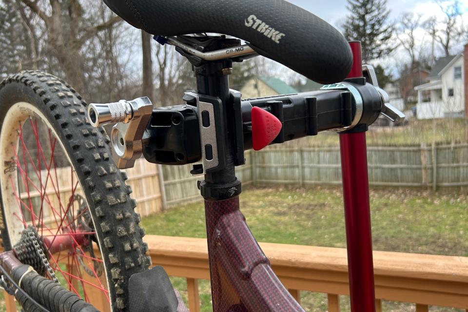 A close-up look at the clamp on the Feedback Sports Pro Mechanic bike repair stand