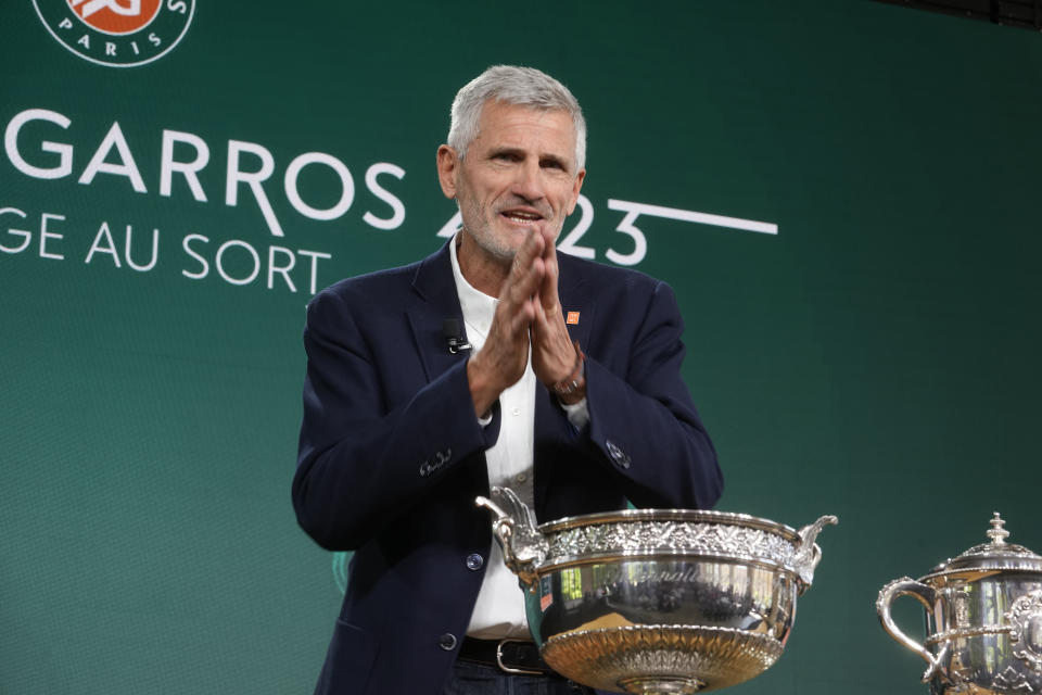 Gilles Moretton, head of the French Tennis Federation attends the French Open tennis tournament draw at the Roland Garros Stadium, Thursday, May 25, 2023 in Paris. Play begins at the French Open on Sunday, May 28, 2023 and runs until Sunday June 11,2023. (AP Photo/Thibault Camus)