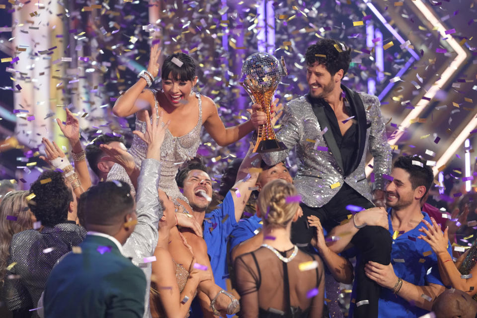 Xochitl Gomez and partner Val Chmerkovskiy celebrate their big win on the finale of Dancing With the Stars.