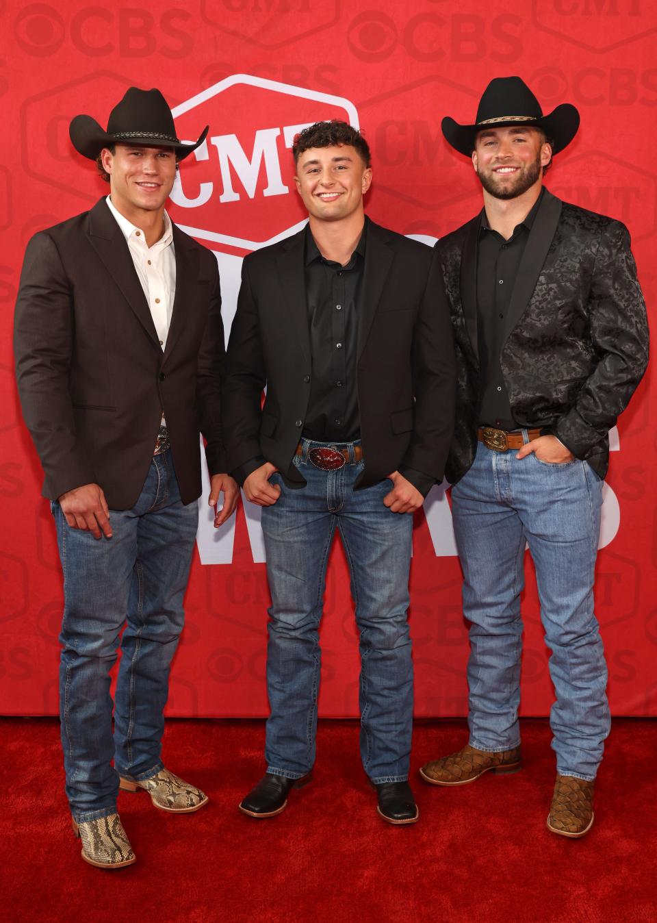 AUSTIN, TEXAS - APRIL 07: (L-R) Mark Estes, Kade "Cutter" Wilcox, Kaleb Campbell Winterburn of The Montana Boyz attend the 2024 CMT Music Awards at Moody Center on April 07, 2024 in Austin, Texas. (Photo by Rick Kern/Getty Images for CMT) ORG XMIT: 776023978 ORIG FILE ID: 2147087010