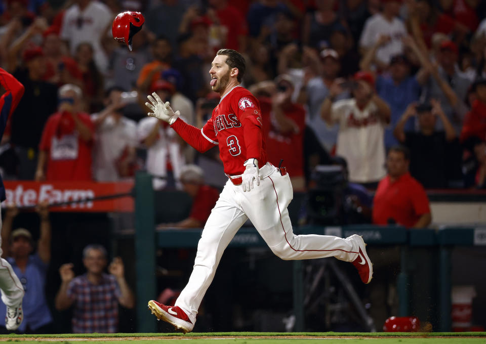 ANAHEIM, CALIFORNIA - AUGUST 13: Taylor Ward #3 of the Los Angeles Angels celebrates after hitting a walk-off home run against the Minnesota Twins in the eleventh inning at Angel Stadium of Anaheim on August 13, 2022 in Anaheim, California. (Photo by Ronald Martinez/Getty Images)