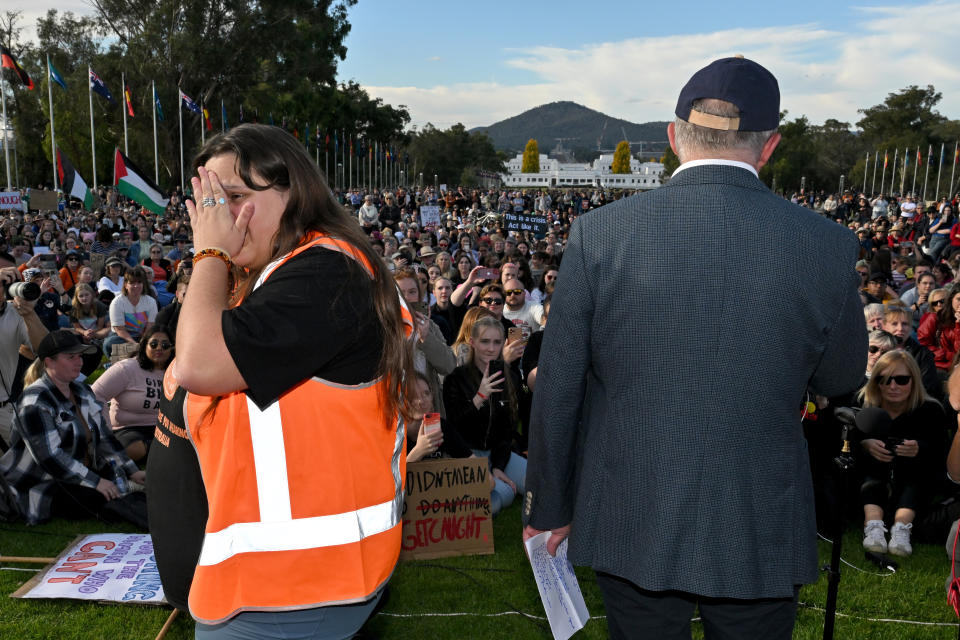 Sarah Williams breaks down in tears as the PM speaks.