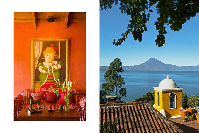 <p>Joaquin Trujillo</p> From left: Woman with a Red Bow, by Colombian painter Fernando Botero, at Casa Palopó, a hotel overlooking Lake Atitlán, in Guatemala; the Atitlán volcano, as seen from the property.