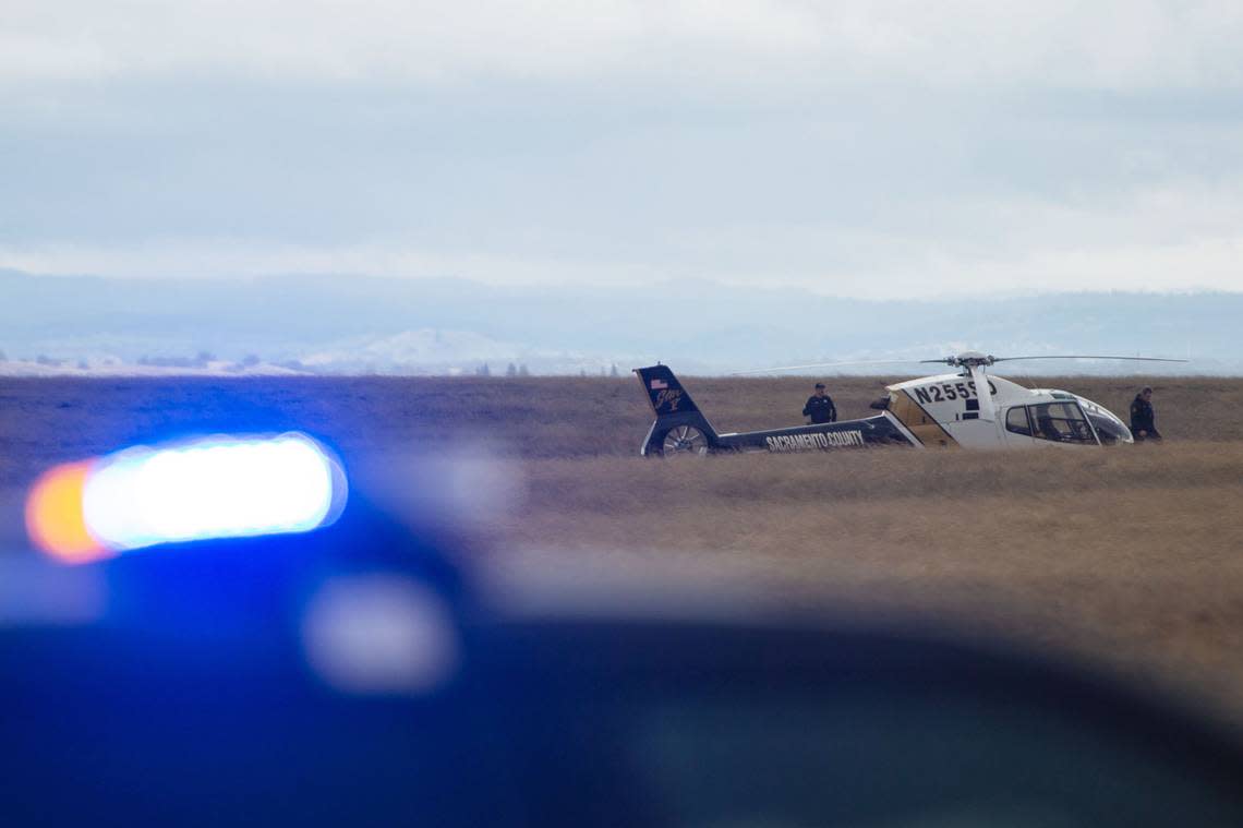 A Sacramento County Sheriff’s helicopter, a EuroCopter EC120-B, rests in a field south of the intersection of Grant Line and Douglas roads after an emergency landing near Rancho Cordova on Sunday. There were no injuries, according to dispatch, from the incident, which occurred at 2:17 p.m.