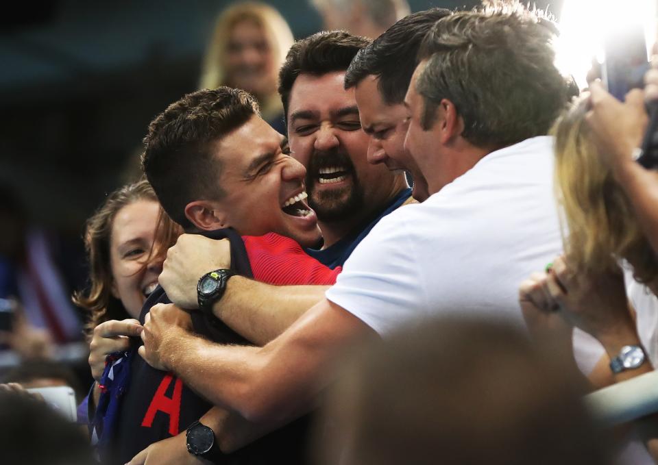 <p>Anthony Ervin of United States celebrates after receiving his Gold medal from the Men’s 50m Freestyle on Day 7 of the Rio 2016 Olympic Games at the Olympic Aquatics Stadium on August 12, 2016 in Rio de Janeiro, Brazil. (Photo by Ian MacNicol/Getty Images) </p>