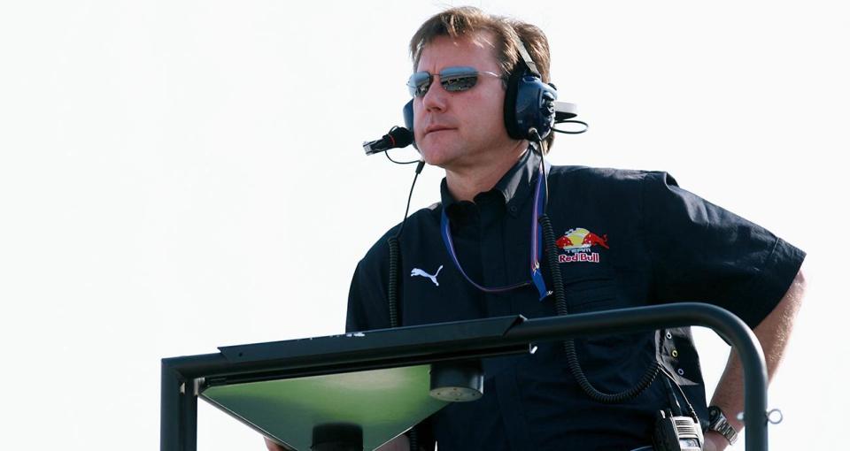 Elton Sawyer, then in a role with the former Red Bull Racing team, watches practice at Daytona International Speedway in 2007