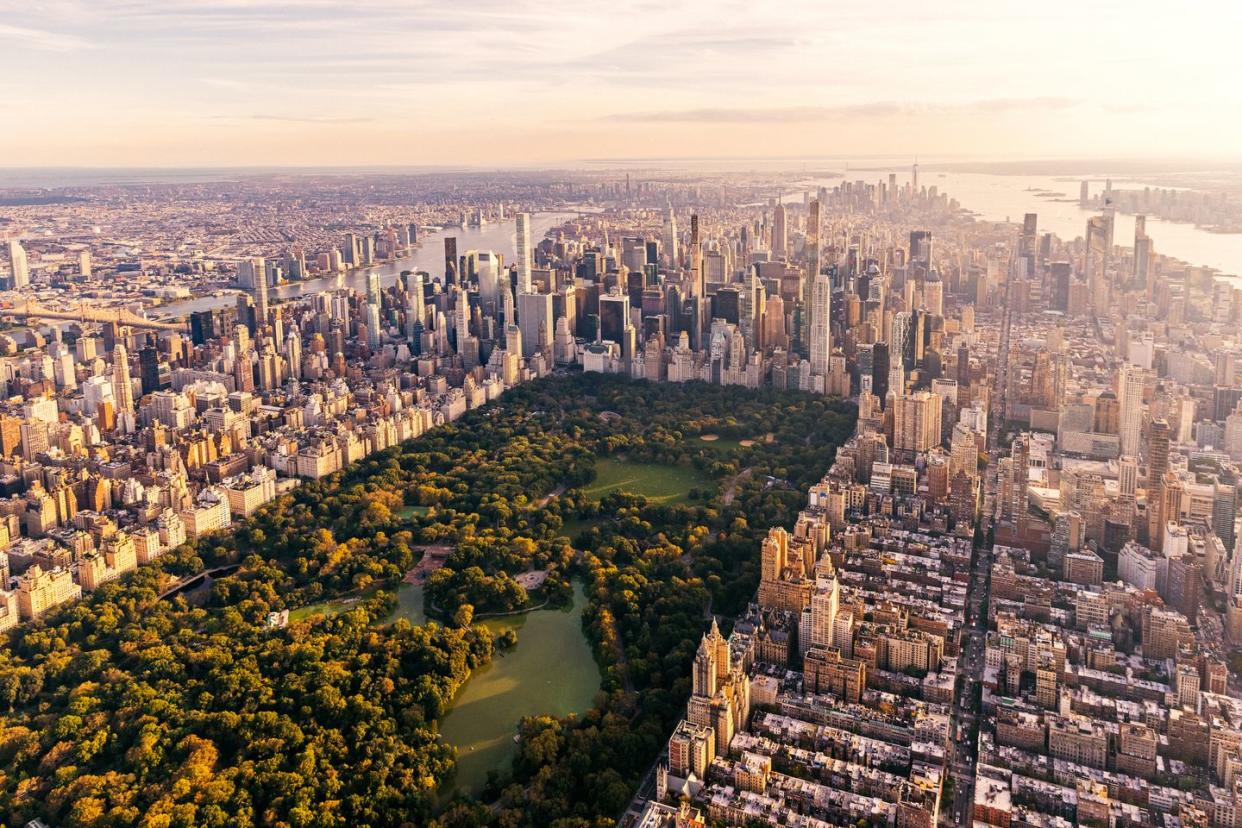 aerial view of new york city skyline with central park and manhattan, usa