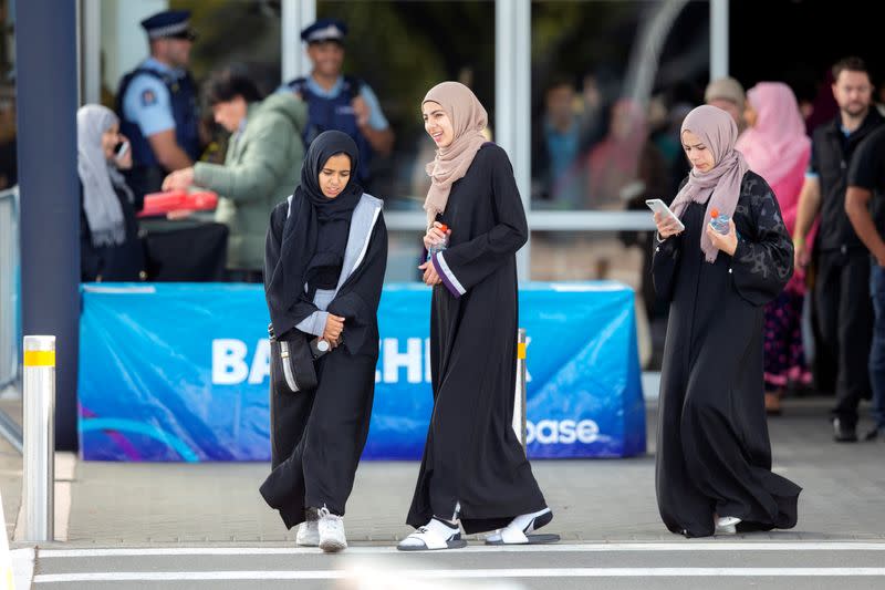 Worshippers from the Al Noor mosque and the Linwood Islamic Centre arrive for Friday prayers in advance of the anniversary of the mosque attacks that took place the prior year in Christchurch