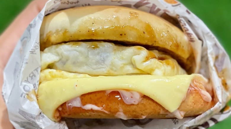 Hand holding burger with cheese 