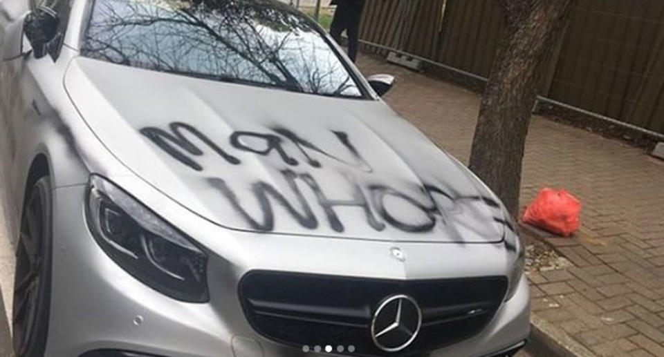 A man’s $400,000 Mercedes has been spray painted by a scorned lover in the Adelaide suburb of Kent Town. Source: Instagram/ Daniel Marks & Elise Marie